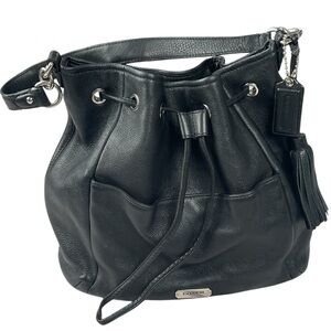 Coach Avery Pebbled Leather Hobo Bag Bucket Drawstring Black Teal Silver